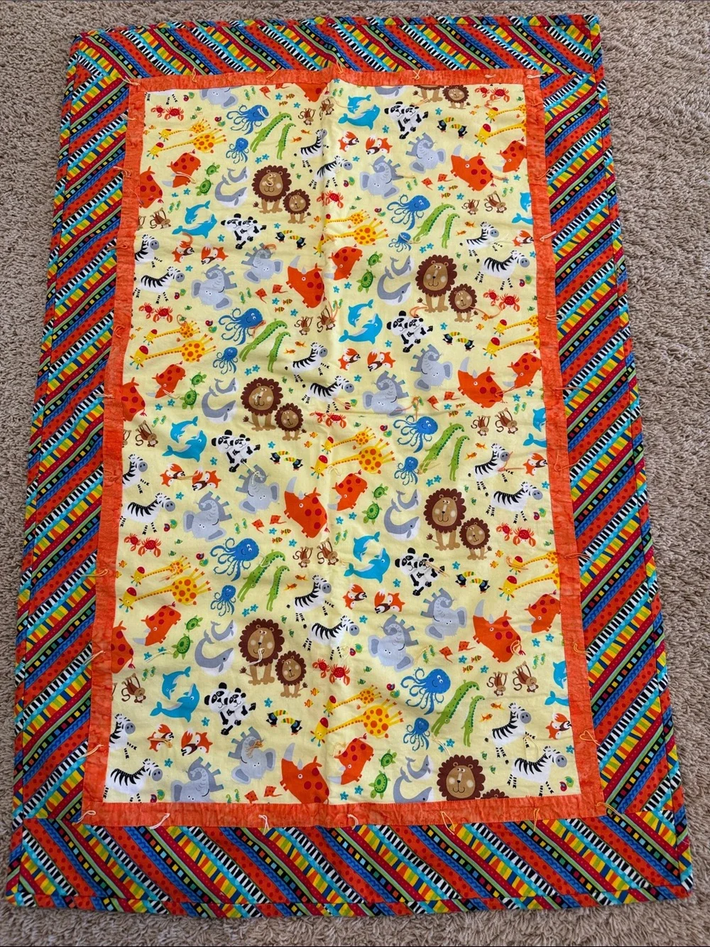 Handmade Colorful Baby Blanket Quilt, Quilted & Tied, Jungle Safari Animals